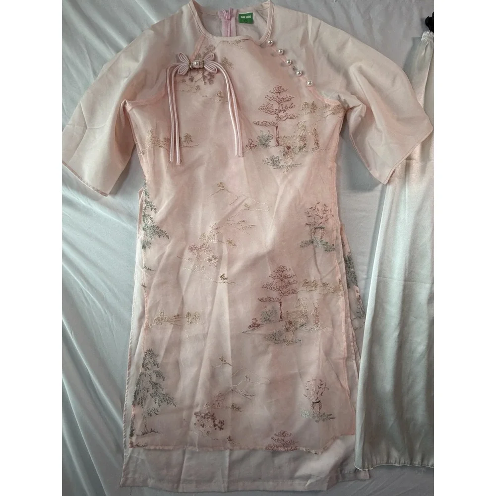 Girls Vietnamese Ao Dai Size 14 Pink Embroidered Lunar New Year Tet Outfit